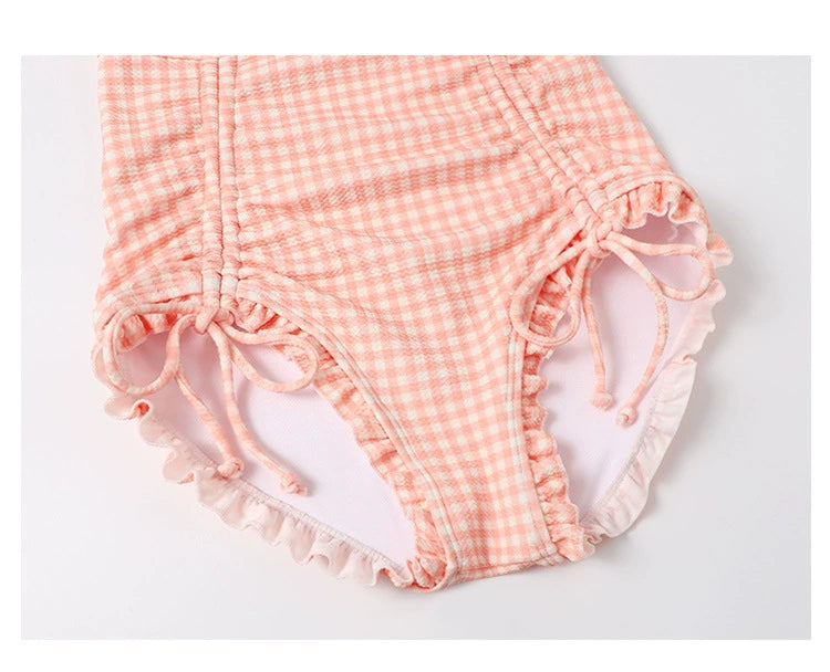 Sanya Swimsuit Women's Sweet Plaid Drawstring Sling Small Chest Push up One-Piece Triangle Hot Spring Vacation Swimsuit Women's