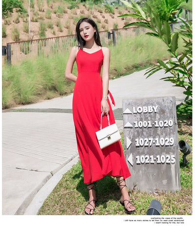Red Lacing Chiffon Backless Bow Dress