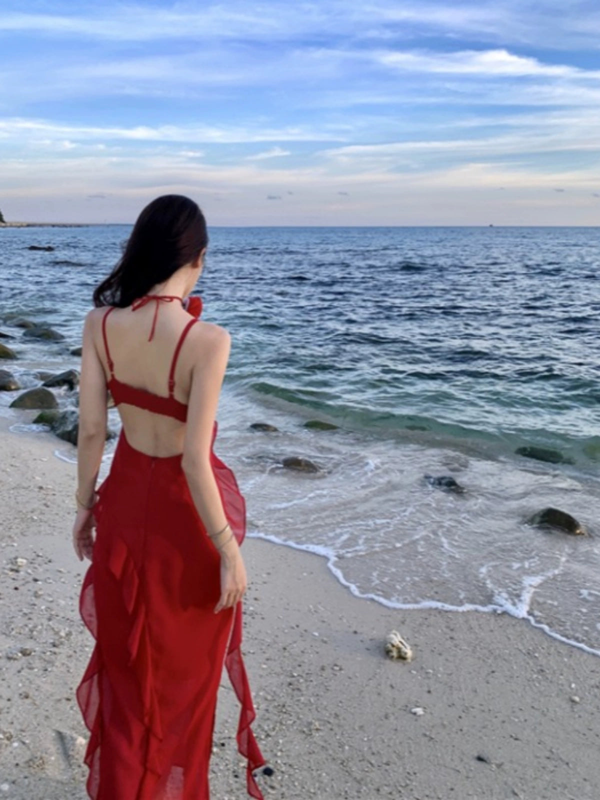Thailand Sanya Seaside Holiday Beach Skirt Ruffles Irregular Spaghetti-Strap French Style Beautiful Red Chiffon Dress