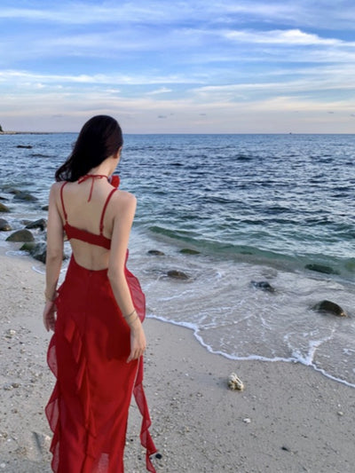 Thailand Sanya Seaside Holiday Beach Skirt Ruffles Irregular Spaghetti-Strap French Style Beautiful Red Chiffon Dress