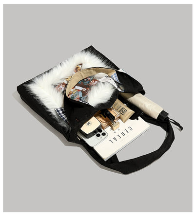 Y2g Cute Funny Stylish Niche Style Patchwork Stuffed Fur Bag College Student Work Clothing Cartoon Canvas Shoulder Bag