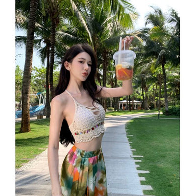 Ethnic Style Seaside Vacation Style Chiffon Loose Pants Suit + with Chest Pad Bikini Top + Sun-Protective Clothing Small Coat