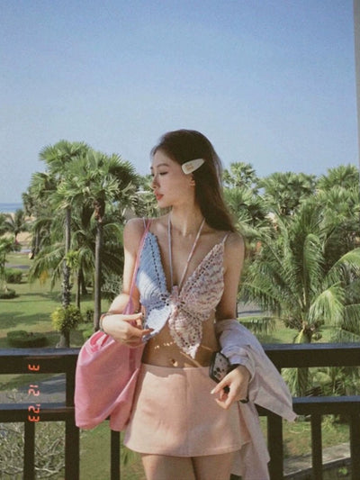Pure Desire Knitting Tops Thai Sweet and Spicy Strappy Bow Tube Top Summer Outer Wear Short Seaside Vacation Short Vest