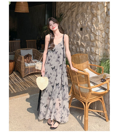New Chinese Style Chinese Style Sling Dress Chiffon Ink Painting