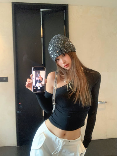 Zhao Lusi Same Style ~ Homemade Bows Sequin Knitted Cold Cap Female Y2g Sexy Wind Show Face Small Toe Cap Pile Heap Cap