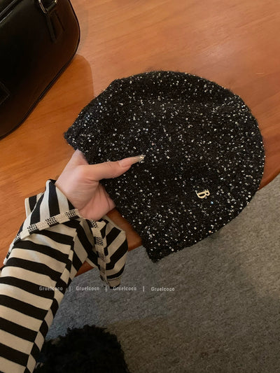 Zhao Lusi Same Style ~ Homemade Bows Sequin Knitted Cold Cap Female Y2g Sexy Wind Show Face Small Toe Cap Pile Heap Cap