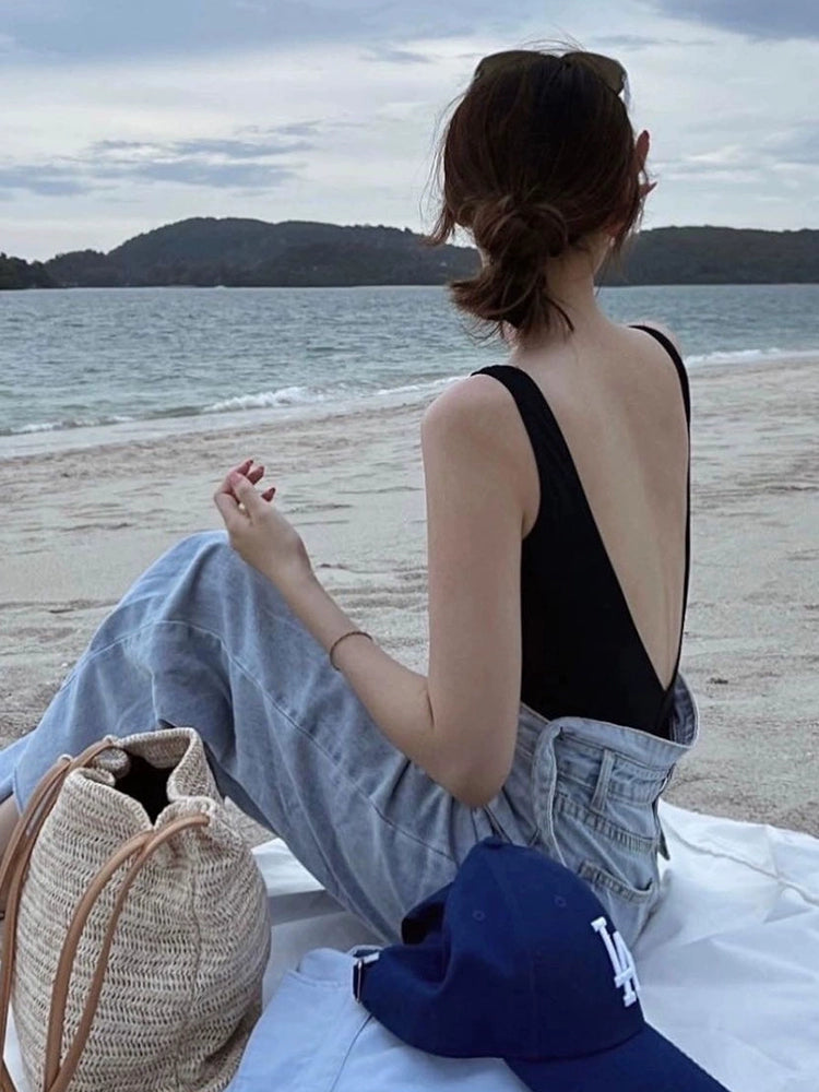 Hot Spring Classic Simple Open Back Outwear Photography Women's Swimsuit