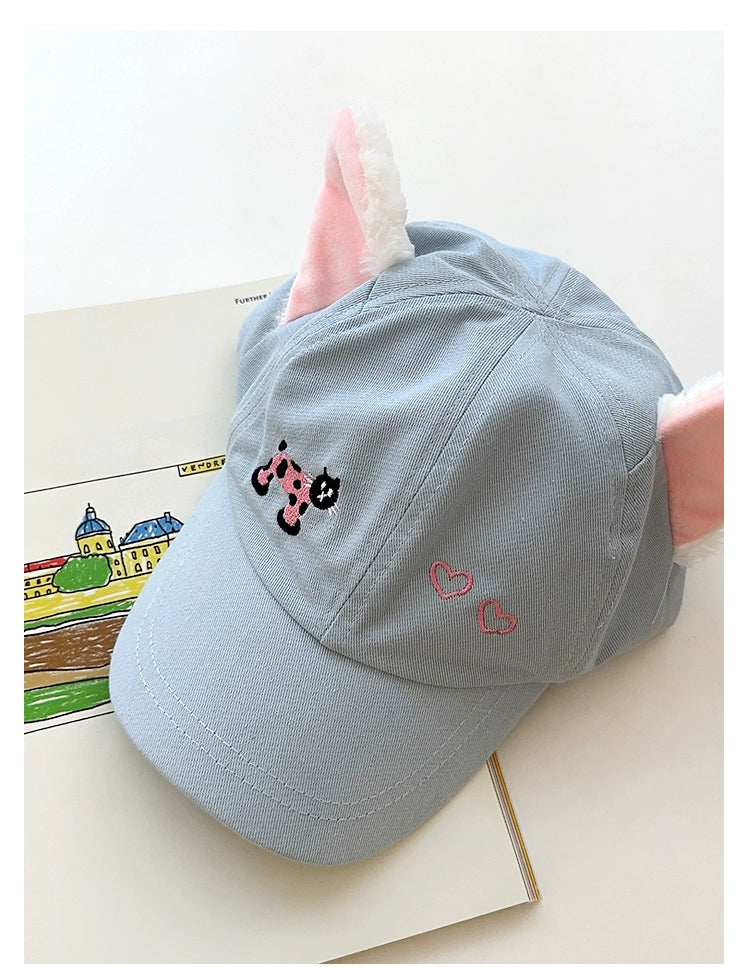 Y2g Sweet Cute Light Blue Cat Stuffed Ears Embroider Baseball Cap Female Easiest for Match Face-Looking Small Peaked Cap