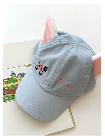 Y2g Sweet Cute Light Blue Cat Stuffed Ears Embroider Baseball Cap Female Easiest for Match Face-Looking Small Peaked Cap