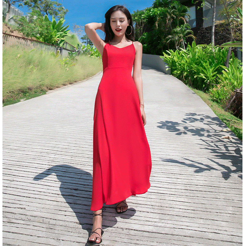 Red Lacing Chiffon Backless Bow Dress