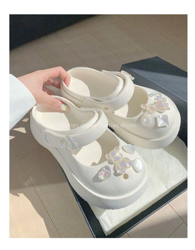 Thin Strip Sweet Rhinestone Mary Jane Sandals Fairy Style Fashion Summer Outwear Holiday Sandals Hole Shoes