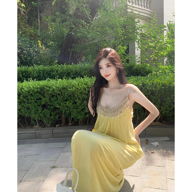 French Style Beautiful Yellow Elegant Heavy Industry Beads Diamond Strap Dress Loose and Idle Seaside Holiday Beach Dress