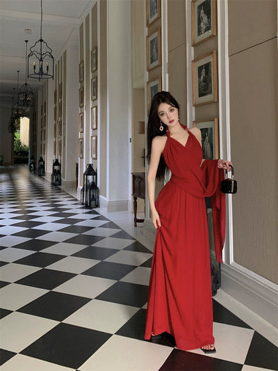 Beautiful Vacation Style Blue Halterneck Chiffon Drape Dress Long Women's Fancy Elegant Mop Long Dress