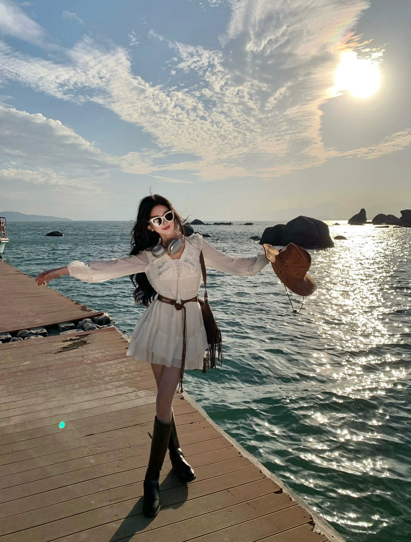 Pure First Date Sense Seaside Vacation Style Long Sleeves Dress