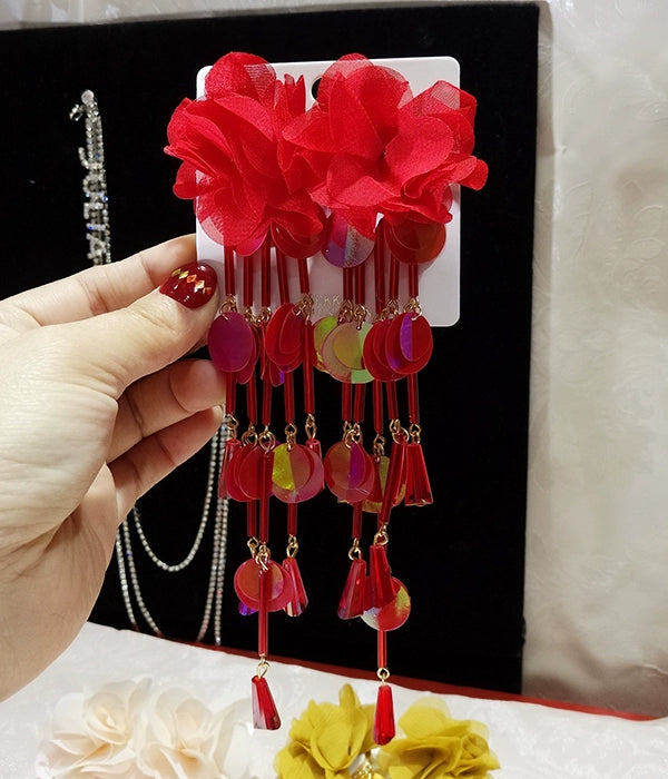 Long European and American Exaggerated Tassel Thin-Looking Earrings Flowers