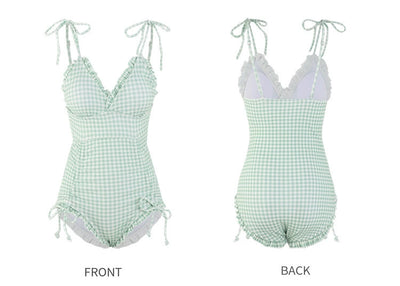 Sanya Swimsuit Women's Sweet Plaid Drawstring Sling Small Chest Push up One-Piece Triangle Hot Spring Vacation Swimsuit Women's