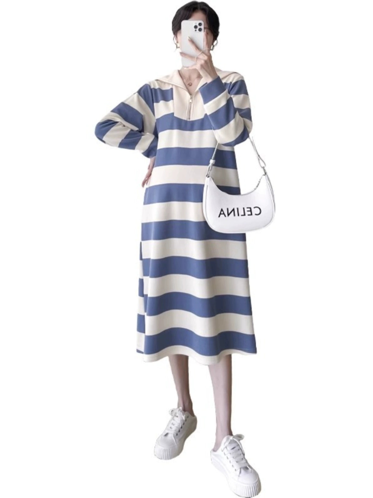 2025 Spring Clothing New Arrival K-style Plus Size Maternity Stripes Dress Fashionable Mom Pullover Sweatshirt Lapel Long Skirt