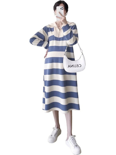 2025 Spring Clothing New Arrival K-style Plus Size Maternity Stripes Dress Fashionable Mom Pullover Sweatshirt Lapel Long Skirt