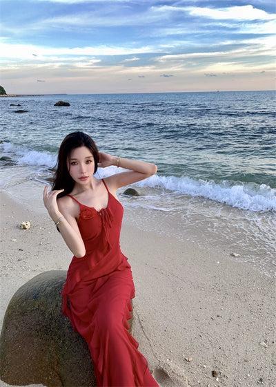 Thailand Sanya Seaside Holiday Beach Skirt Ruffles Irregular Spaghetti-Strap French Style Beautiful Red Chiffon Dress
