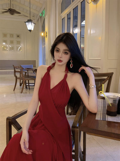 Beautiful Vacation Style Blue Halterneck Chiffon Drape Dress Long Women's Fancy Elegant Mop Long Dress