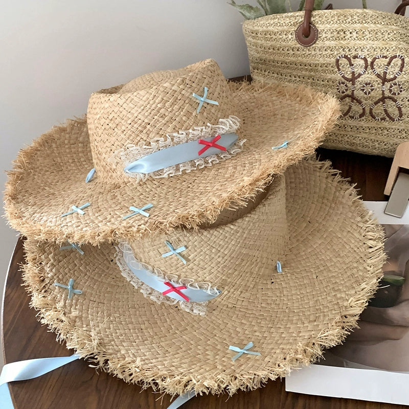Straw Hat French Flat Top Female Summer Seaside Bows