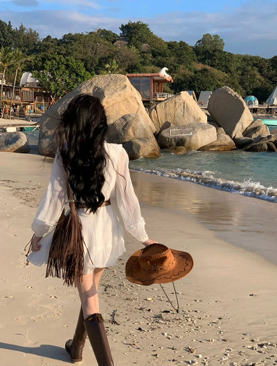 Pure First Date Sense Seaside Vacation Style Long Sleeves Dress