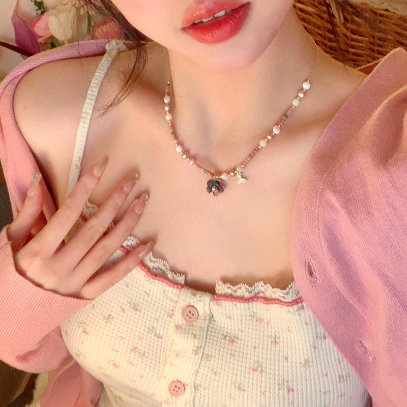 Spring Letter ~ Natural Stone Color Beaded Flower Pendant Necklace Female Dopamine Vacation Style Necklace Clavicle Chain