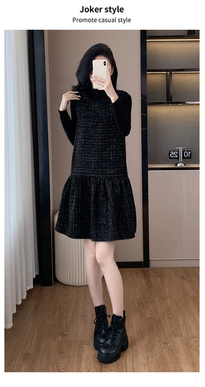 Woolen One piece Dress Women clothing Plus size Fat Mm2024 Autumn and Winter New Age-Reducing High end Western Style Fashion Woolen Vest Dress