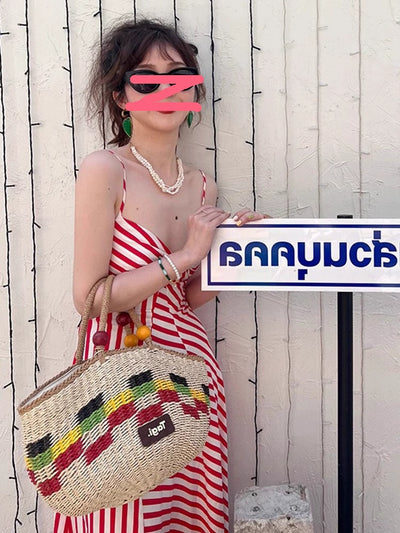 Red Stripes V-neck Sexy Sling Dress Women's Summer New Arrival High Waist Hainan Seaside Holiday Beach Dress