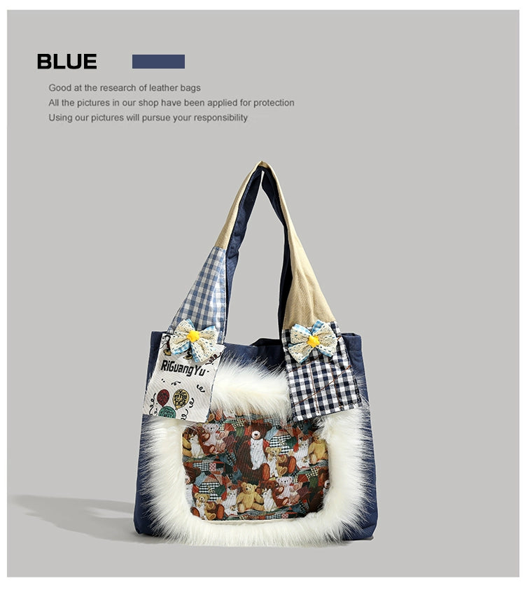 Y2g Cute Funny Stylish Niche Style Patchwork Stuffed Fur Bag College Student Work Clothing Cartoon Canvas Shoulder Bag