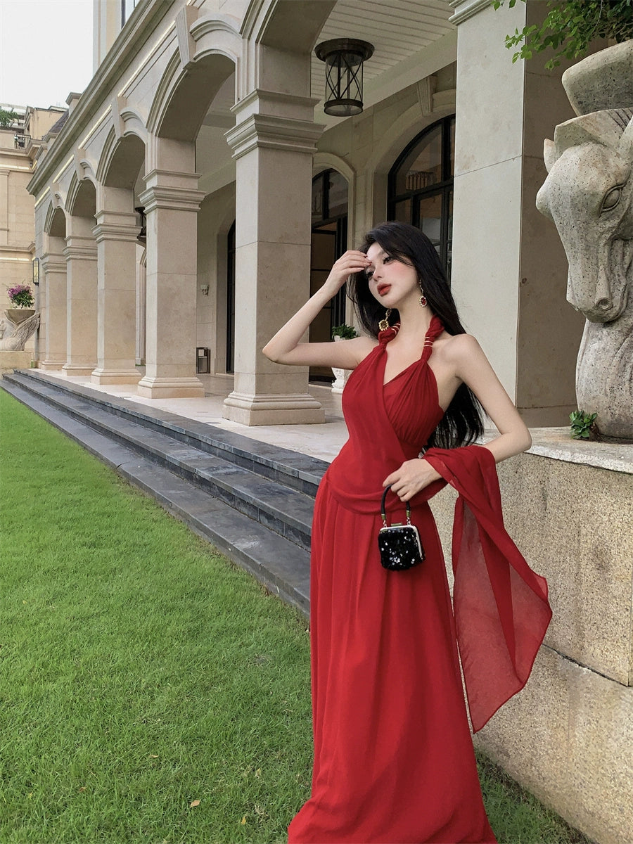 Beautiful Vacation Style Blue Halterneck Chiffon Drape Dress Long Women's Fancy Elegant Mop Long Dress