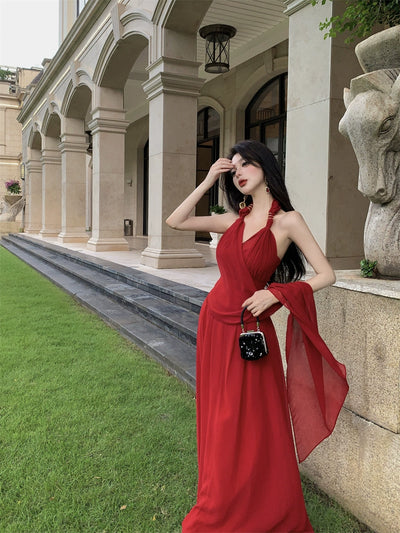 Beautiful Vacation Style Blue Halterneck Chiffon Drape Dress Long Women's Fancy Elegant Mop Long Dress