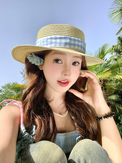 Straw Hat Japanese Style Women's Spring Summer Outing Plaid Bows