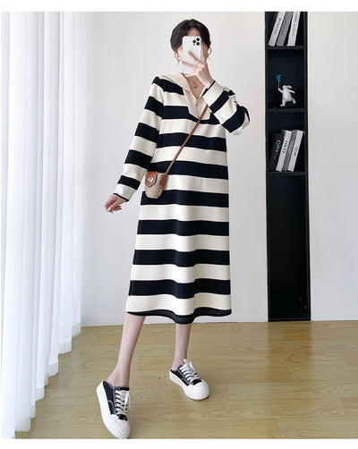 2025 Spring Clothing New Arrival K-style Plus Size Maternity Stripes Dress Fashionable Mom Pullover Sweatshirt Lapel Long Skirt