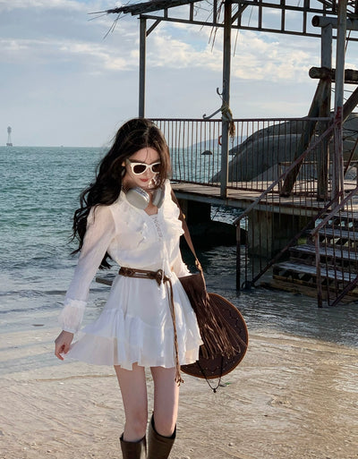 Pure First Date Sense Seaside Vacation Style Long Sleeves Dress