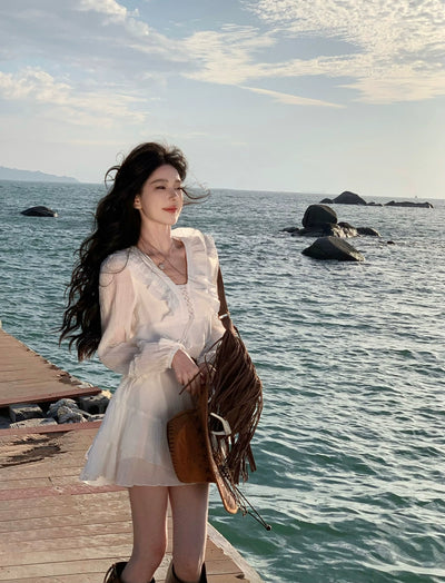 Pure First Date Sense Seaside Vacation Style Long Sleeves Dress