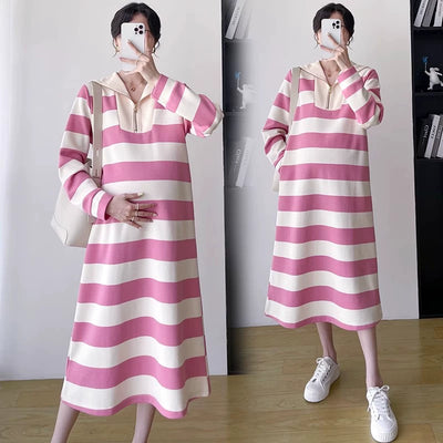2025 Spring Clothing New Arrival K-style Plus Size Maternity Stripes Dress Fashionable Mom Pullover Sweatshirt Lapel Long Skirt