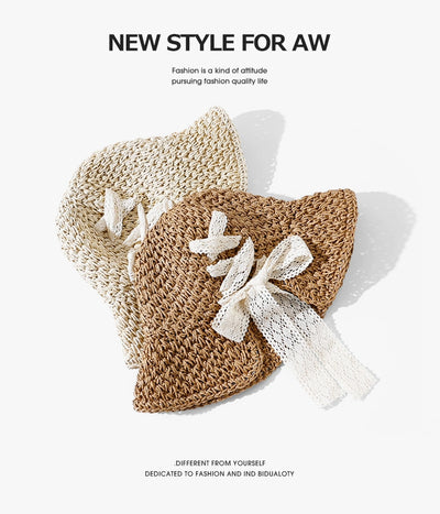 Straw Hat Female Summer New French Woven Bows Sun-Proof Bucket Hat Fresh Beach Trip Vacation Sun Hat