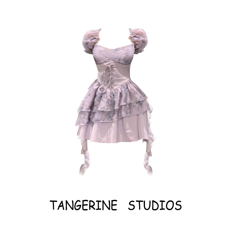 2025 Summer New Purple Sweet Stitching Smudges Tight Waist Slimming Lace up Puff Short Sleeve Princess Dress