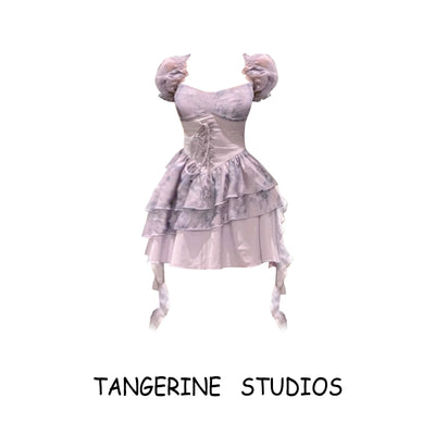 2025 Summer New Purple Sweet Stitching Smudges Tight Waist Slimming Lace up Puff Short Sleeve Princess Dress
