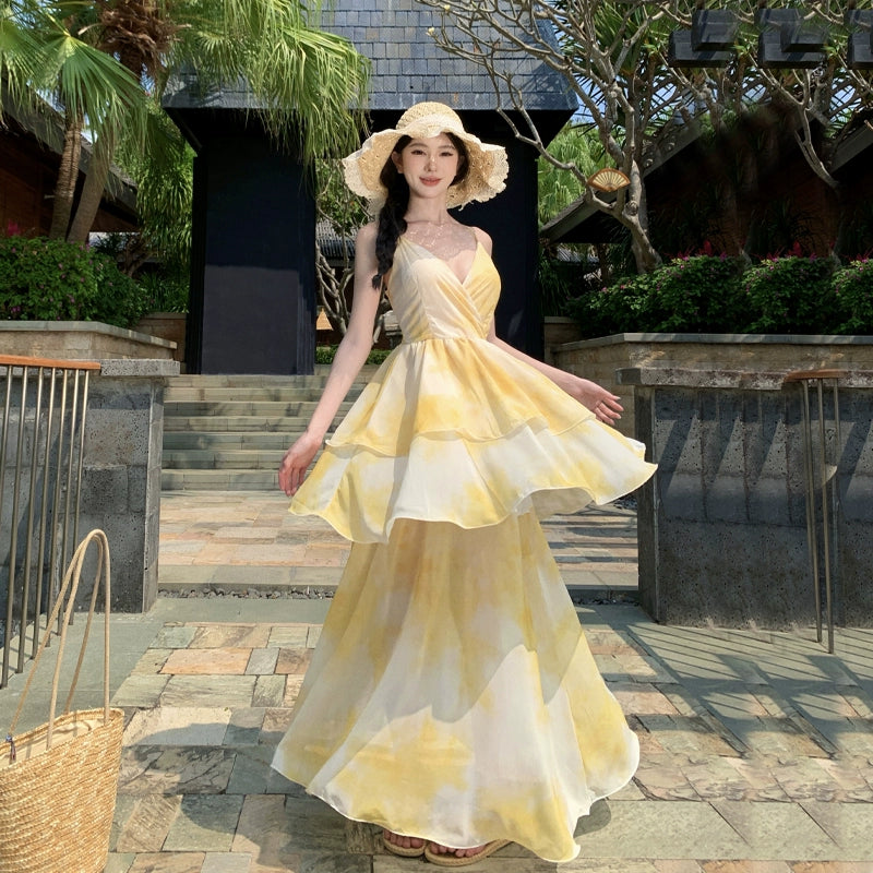 Nipped-Waist New French Seaside Sling Holiday Dress Travel Elegant Cake Dress Summer Beach Dress Female Yellow