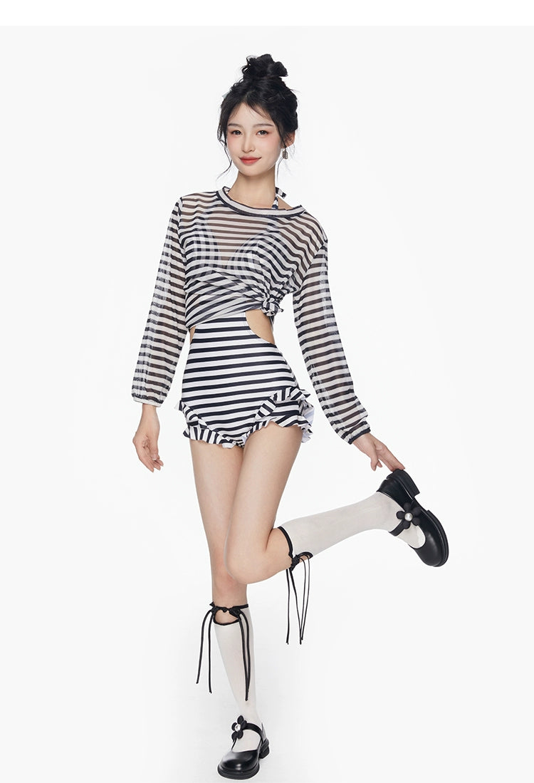 2025 New Arrival Sexy Swimsuit Women's Summer Push up Stripes Siamese Triangle Bikini Long Sleeves Blouse Flab Hiding Vacation