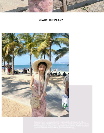 French Floral Strap Dress Women's Summer Tight Waist Long Skirt Beach Skirt Seaside Vacation Skirt