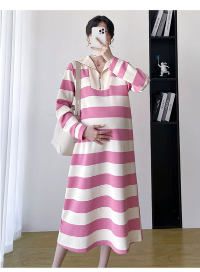 2025 Spring Clothing New Arrival K-style Plus Size Maternity Stripes Dress Fashionable Mom Pullover Sweatshirt Lapel Long Skirt