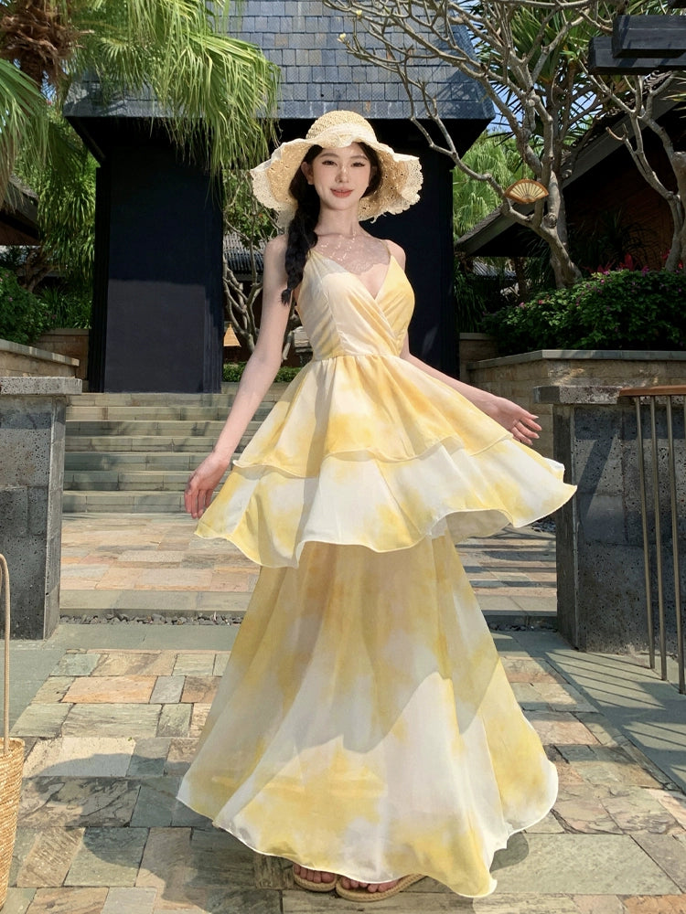 Nipped-Waist New French Seaside Sling Holiday Dress Travel Elegant Cake Dress Summer Beach Dress Female Yellow
