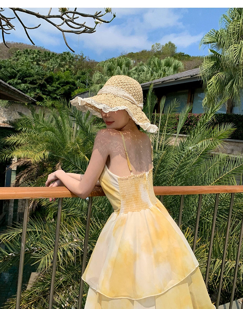 Nipped-Waist New French Seaside Sling Holiday Dress Travel Elegant Cake Dress Summer Beach Dress Female Yellow