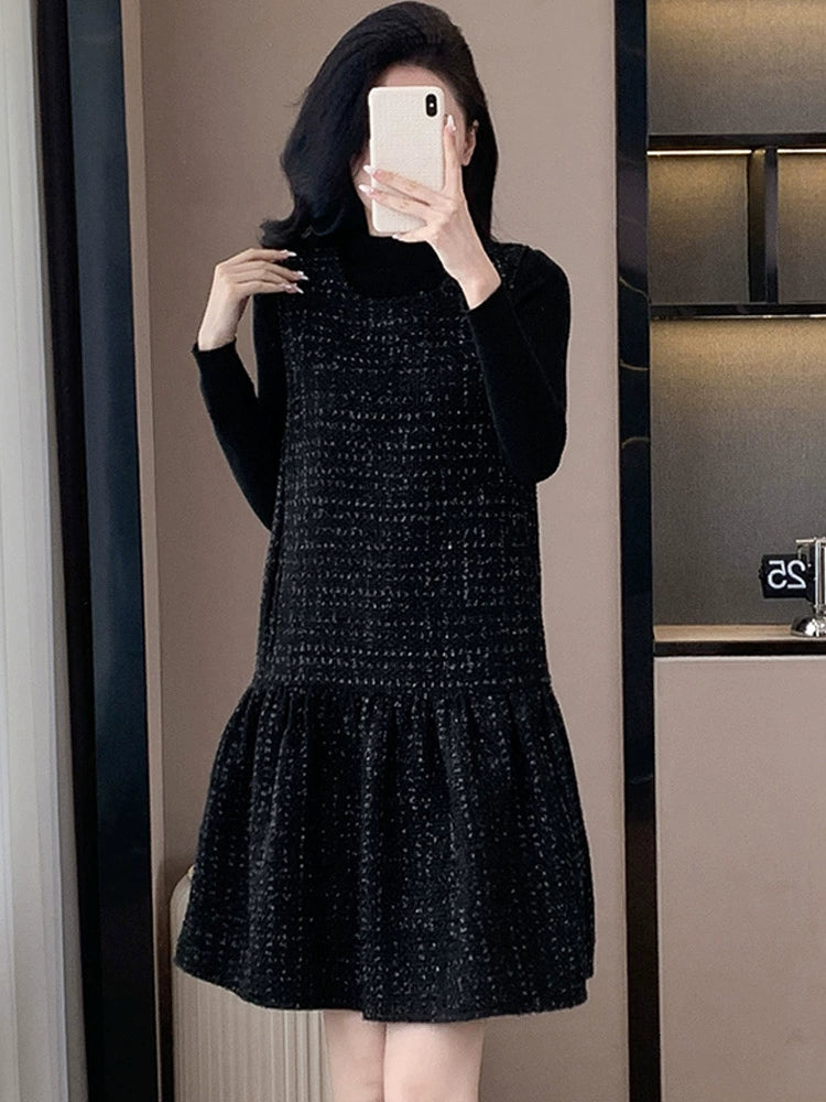 Woolen One piece Dress Women clothing Plus size Fat Mm2024 Autumn and Winter New Age-Reducing High end Western Style Fashion Woolen Vest Dress
