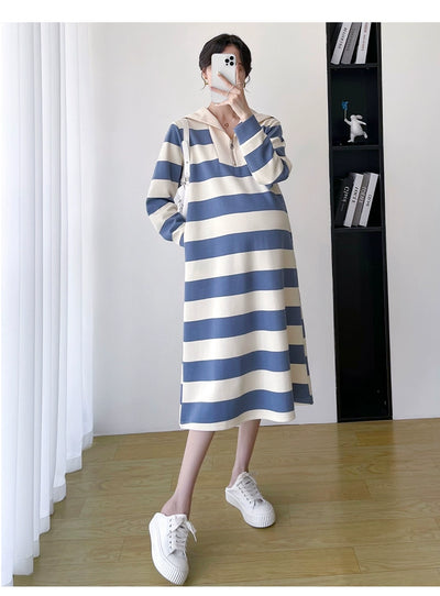 2025 Spring Clothing New Arrival K-style Plus Size Maternity Stripes Dress Fashionable Mom Pullover Sweatshirt Lapel Long Skirt