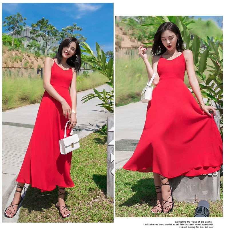 Red Lacing Chiffon Backless Bow Dress