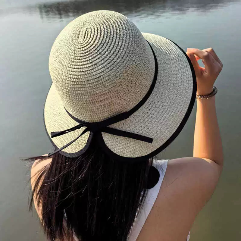Hepburn Style Raffia Hat Women's Summer Big Brim Vacation Beach Hat Split Bows Travel Fashion Sun Hat Tide
